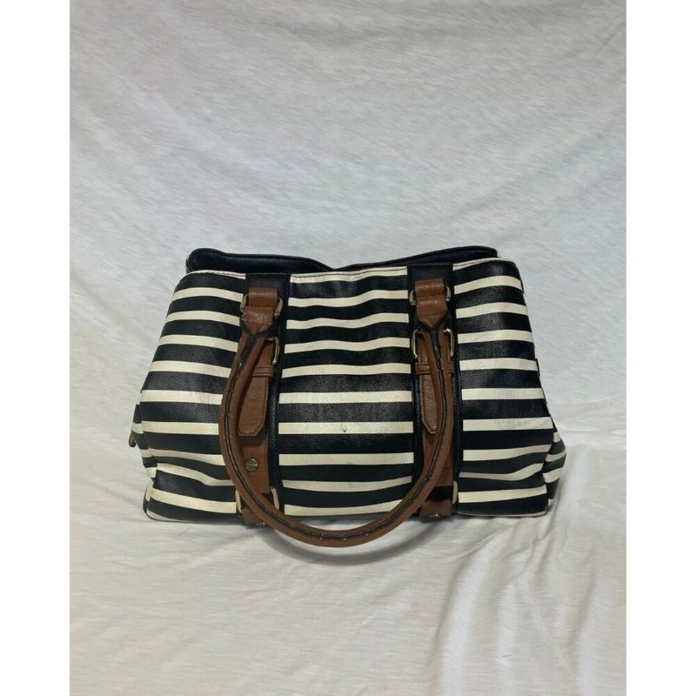 Black Cream Striped Satchel Handbag Tan Trim Buckle Nautical Shoulder Bag